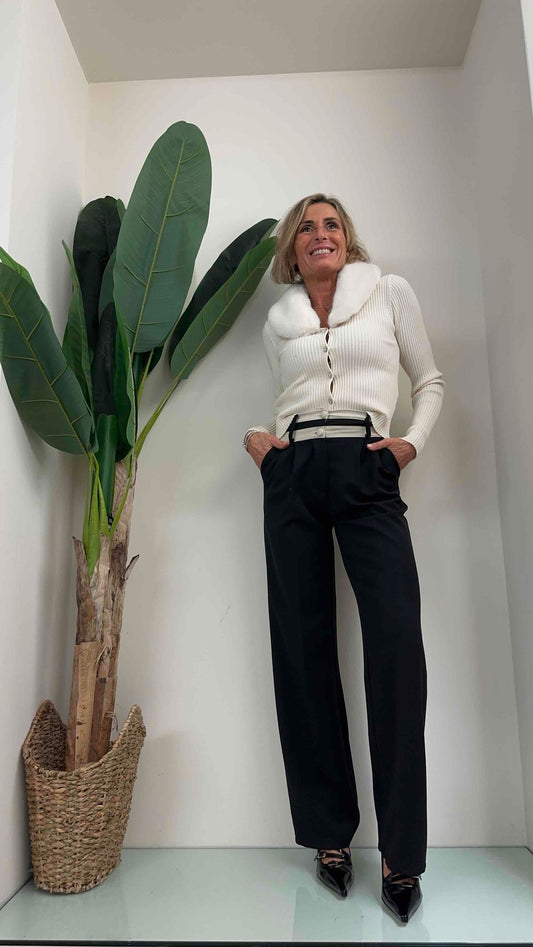 DAFNE - A7665TRP27 - PANTALONE PALAZZO CINTA A CONTRASTO IN CALDA VISCOSA VITA ALTA, DUE BOTTONI RICOPERTI