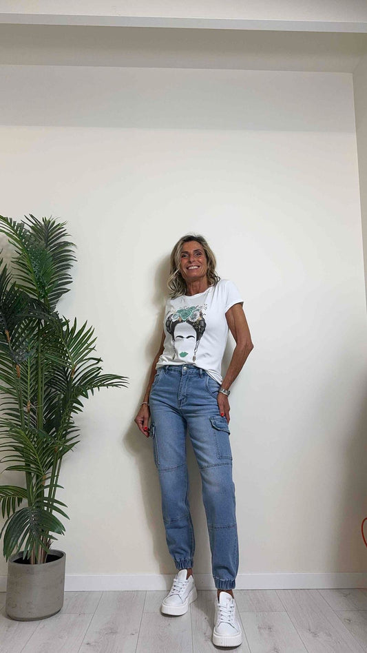 DAFNE - 252-IP13 - T-SHIRT COTONE STAMPA ROSE CON PLATINO