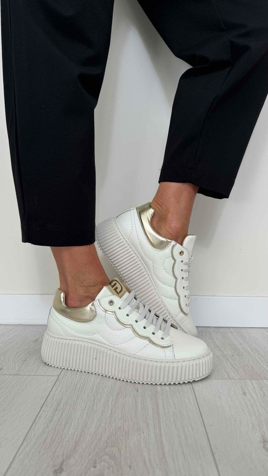 DIVINE FOLLIE - A06/DESY-01P58 - SNEACKER VITELLO BIANCO+MAGNUM PLATINO, FONDO GOMMA 4CM