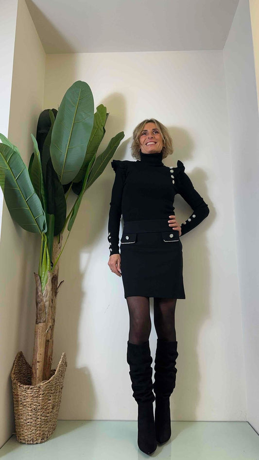 DAFNE - FL7687LMBP23 - GONNA PUNTO MILANO CON PATTE RICAMO LAME' E BOTTONI GIOIELLO