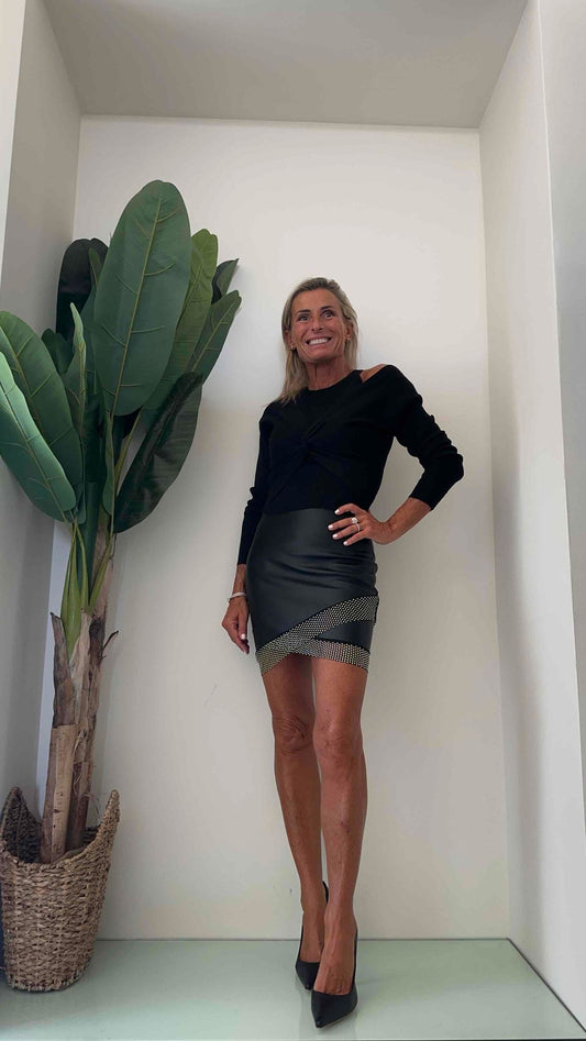 DAFNE - V6649P24 - GONNA SIMIL PELLE INSERTO RETE STRASS