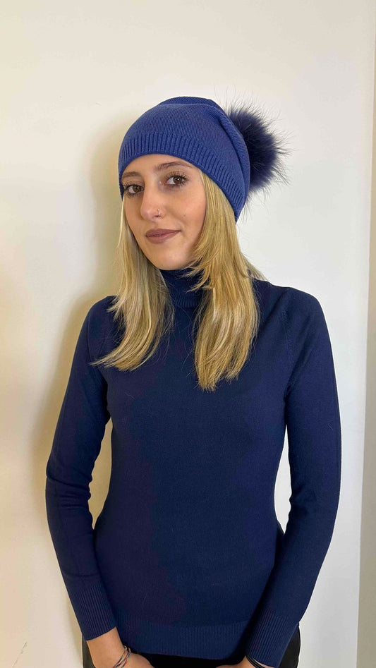 DAFNE - CUCAPOP13 - CUFFIA CACHEMIRE EVISCOSA CON PON PON PELO (VOLPE)