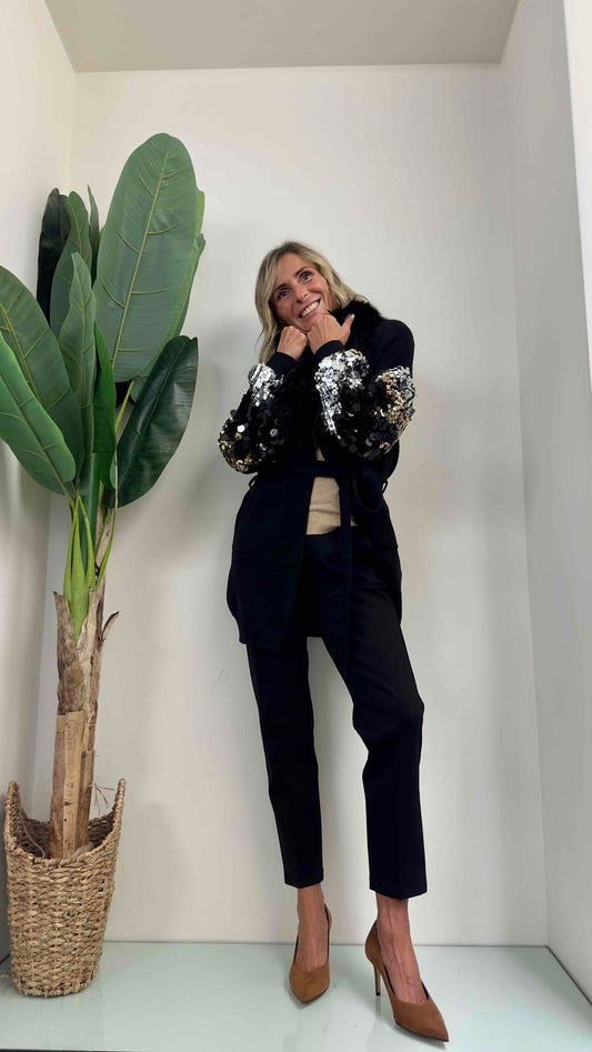 DAFNE - AZ7585P49 - CAPPOTTINO MANICA PAILLETTES COLLO ECOPELLICCIA STACCABILE