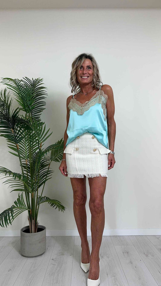 SUSYMIX - M9973C204 - TOP RASO INSERTO PIZZO IN SCOLLO A V, FIT AMPIO E FLUIDO, CON SPALLINE REGOLABILI