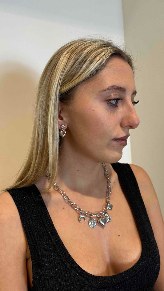 DAFNE - COCATMULT - COLLANA CATENA CUORI LUNA ORSETTO FIORE. NICKEL FREE