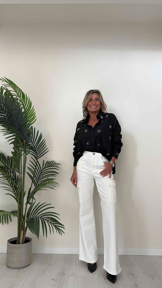 DAFNE - J2156P28 - CAMICIA COTONE APPLICAZIONE STRASS E CANOTTIGLIE, FIT AMPIO