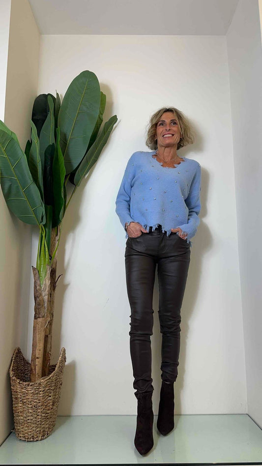 DAFNE - 012P27 - MAGLIA SCOLLO A V VISCOSA CRISTALLI INCASTONATI COLLO E POLSI