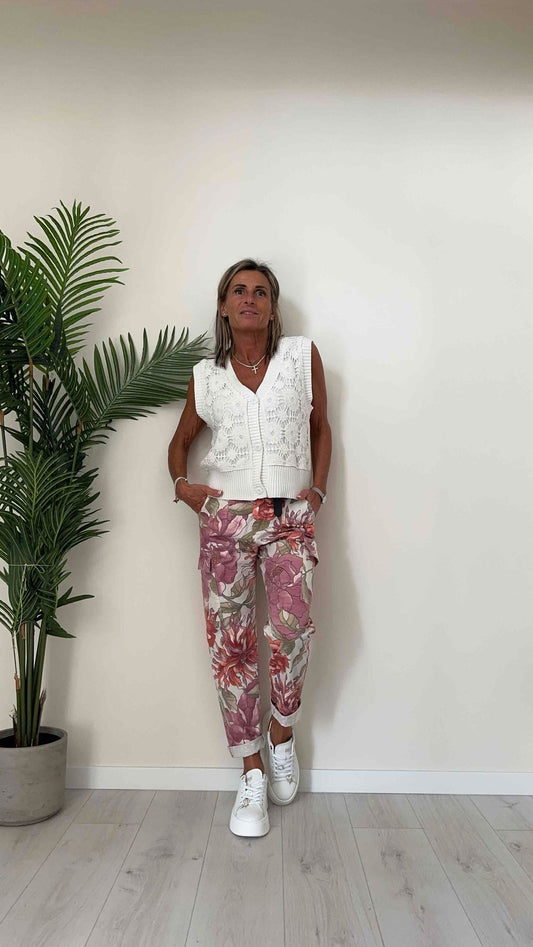 DAFNE - ZM37000P28 - GILET 100% COTONE, RICAMO PIZZO MACRAME' SOVRAPPOSTO