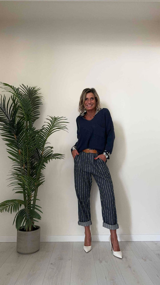 DAFNE - 7168P27 - PANTALONE BAGGY, RIGA RICAMATA CON CINTURA E VITA ELASTICATA