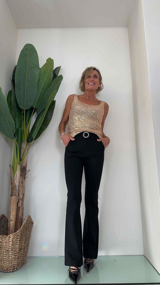 DAFNE - A7383P25 - PANTALONE FLARE PUNTO MILANO DETTAGLIO FIBBIA GIOIELLO