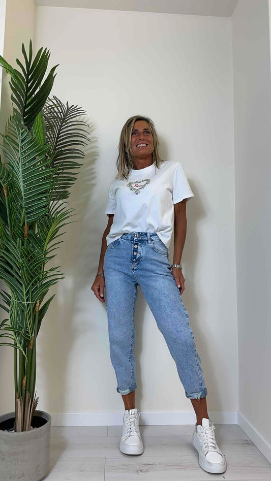 DAFNE - F31427P29 - JEANS BOTTONI A VISTA, DENIM VISCOSA, ORLO E VITA SDRULCITI