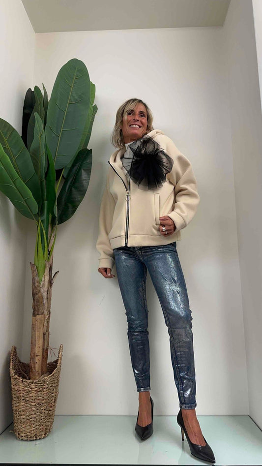 DAFNE - 23588P25 - FELPA PILE ZIP SPILLA TULLE