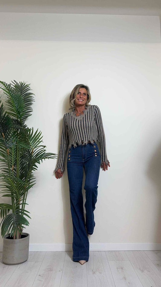 DAFNE - KL801P24 - MAGLIA PULL COTONE, CROPPED A COSTE CON ROTTURE