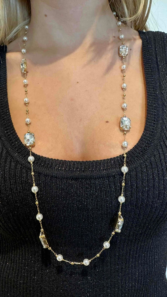DAFNE - COPERLUN - COLLANA LUNGA PERLE E CRISTAL. NICKEL FREE