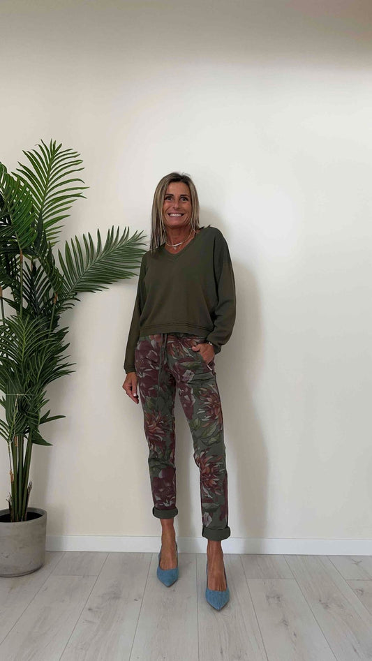 DAFNE - 814136.9P22 - PANTALONE FELPA GARZATA FANTASIA FIORI, CON TASCHE ZIP