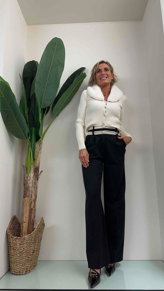 DAFNE - A7665TRP27 - PANTALONE PALAZZO CINTA A CONTRASTO IN CALDA VISCOSA VITA ALTA, DUE BOTTONI RICOPERTI