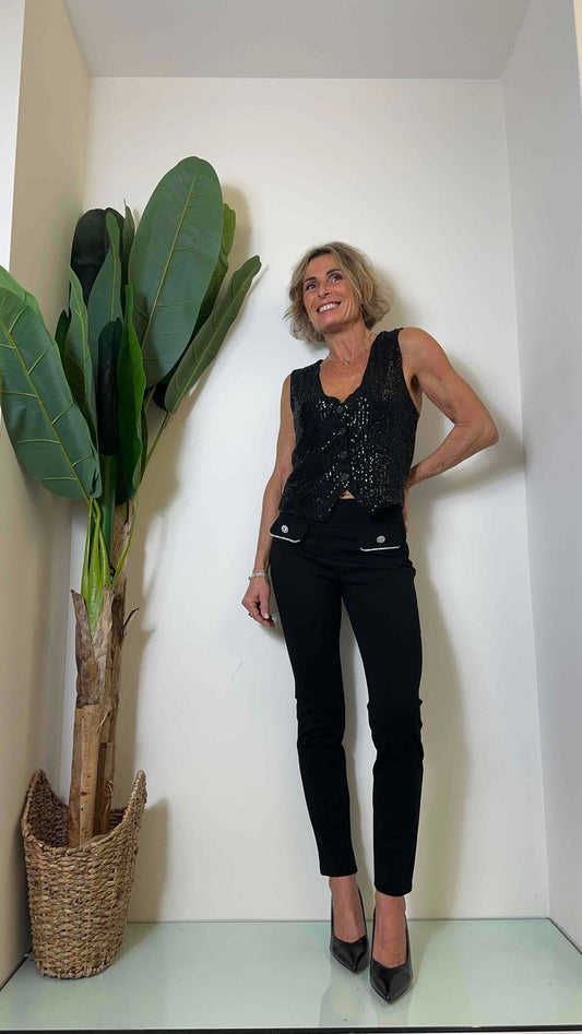 DAFNE - A771OLMBP27 - PANTALONE PUNTO MILANO SLIM FIT CON PATTE RICAMO GLIITER E BOTTONI GIOIELLO