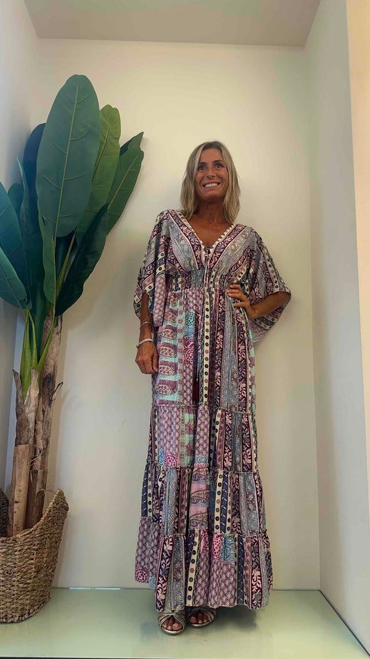 DAFNE - abse10p35 - abito lungo seta laccetti+nappine fantasia