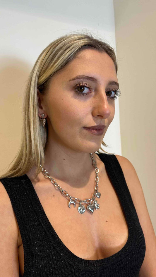 DAFNE - COCATMULT - COLLANA CATENA CUORI LUNA ORSETTO FIORE. NICKEL FREE