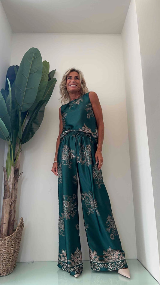 VICOLO - TR0704 - TOP RASO FANT. FOGLIE STILIZZATE