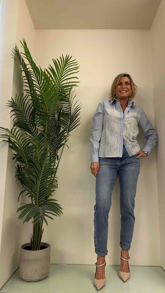 GIORGIA & JHONS - 60046SS24 - CAMICIA COTONE BACCHETTATA PIZZO SOVRAPPOSTO