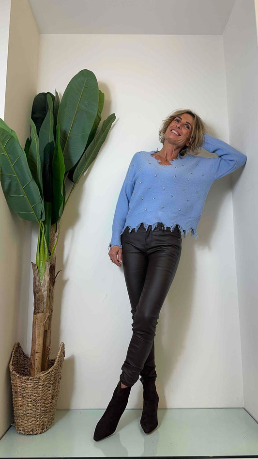 DAFNE - 012P27 - MAGLIA SCOLLO A V VISCOSA CRISTALLI INCASTONATI COLLO E POLSI