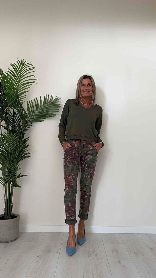 DAFNE - 814136.9P22 - PANTALONE FELPA GARZATA FANTASIA FIORI, CON TASCHE ZIP