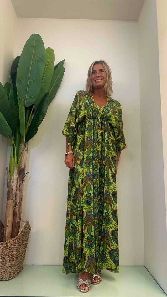 DAFNE - abse9p33 - abito lungo seta manica kimono fantasia