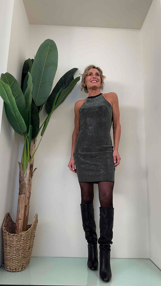 DAFNE - DZ93053P32 - ABITO SCOLLO AMERIACANA CON STRASS ARGENTO, VISCOSA 85%