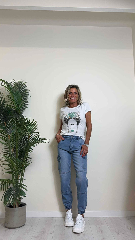DAFNE - 252-IP13 - T-SHIRT COTONE STAMPA ROSE CON PLATINO