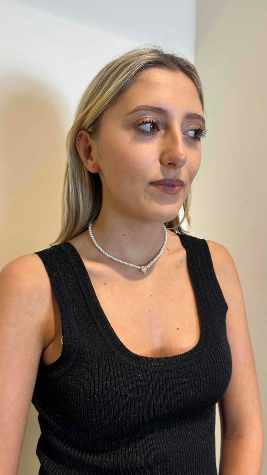 DAFNE - COPERCUO - COLLANA GIROCOLLO PERLE CUORE BRILLANTINI. NICKEL FREE