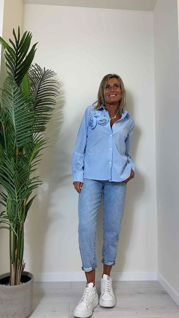 DAFNE - MI8050P24 - CAMICIA POPELINE COTONE, BACCHETTATA CON ROSE APPLICATE