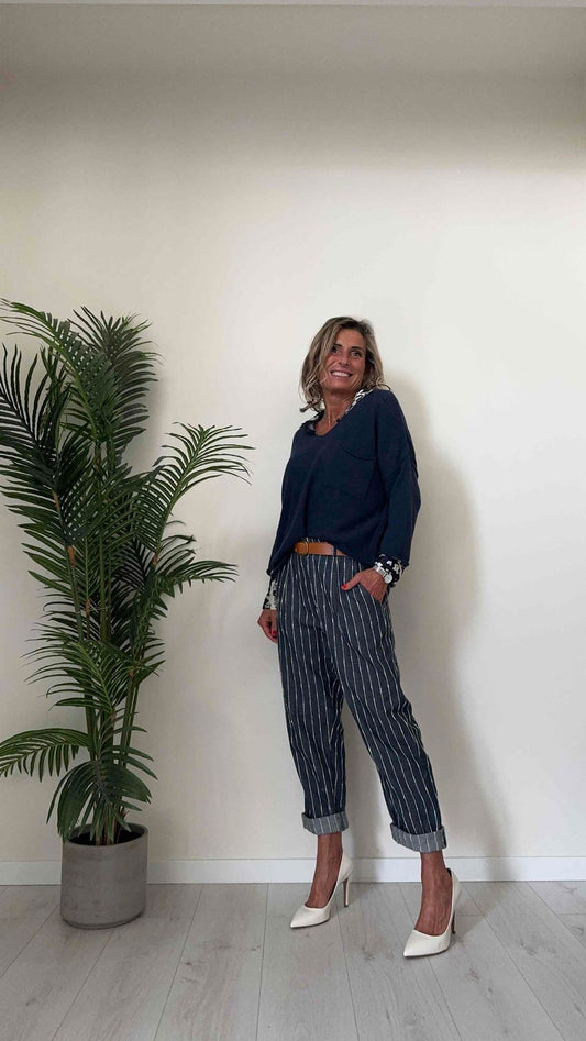 DAFNE - 7168P27 - PANTALONE BAGGY, RIGA RICAMATA CON CINTURA E VITA ELASTICATA