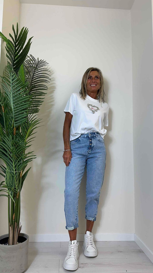 DAFNE - 52114P18 - T-SHIRT COTONE CUORE CRISTALLI CON RICAMO LOVE