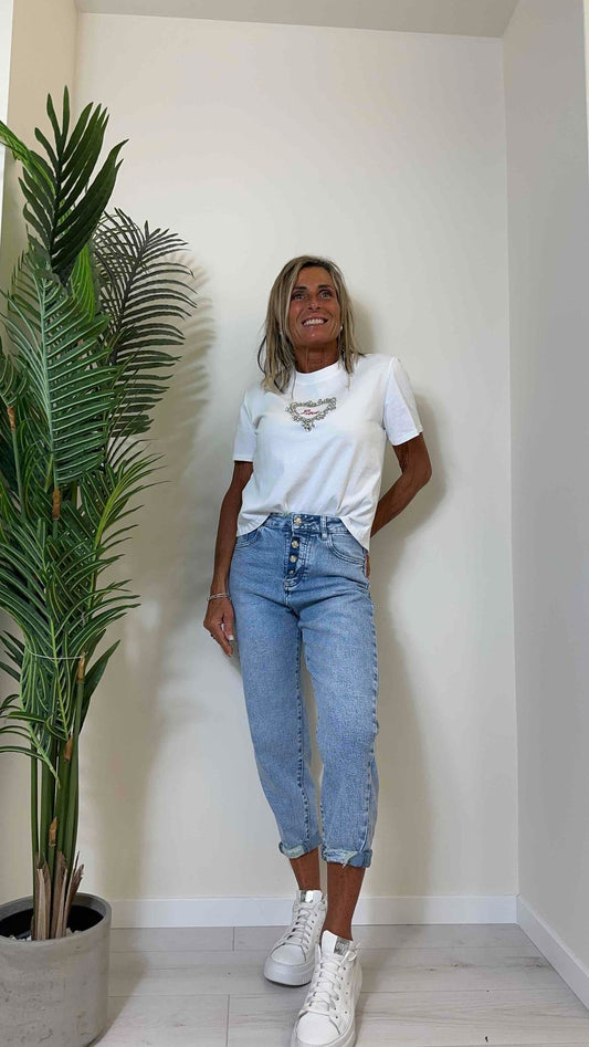 DAFNE - 52114P18 - T-SHIRT COTONE CUORE CRISTALLI CON RICAMO LOVE