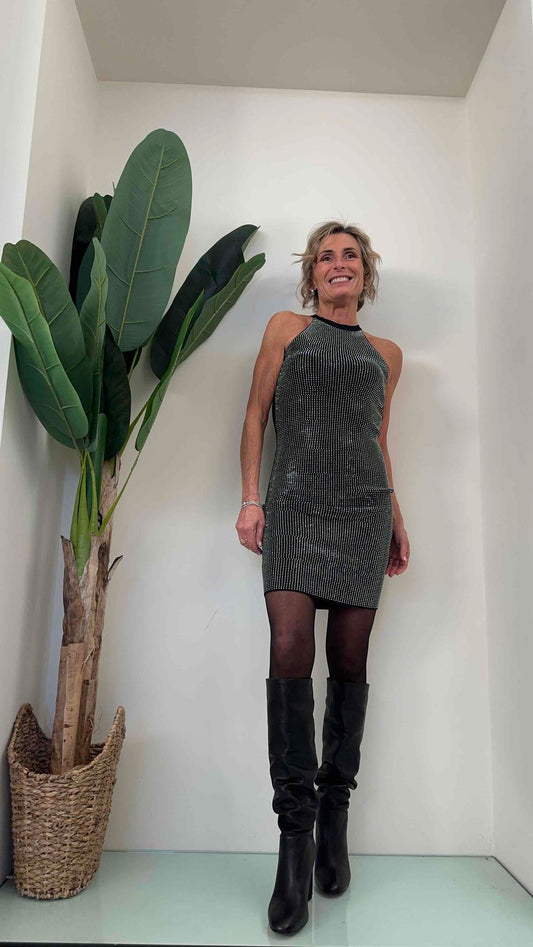 DAFNE - DZ93053P32 - ABITO SCOLLO AMERIACANA CON STRASS ARGENTO, VISCOSA 85%