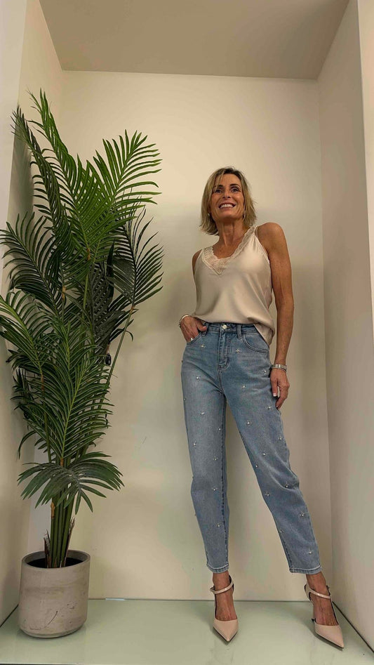 GIORGIA & JHONS - 60052SS24 - JEANS MOM CON RICAMO E STRASS INCASTONATO