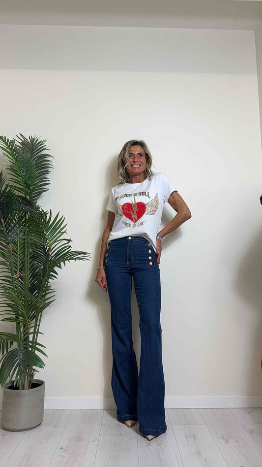 DAFNE - 718142ROCKP13 - T-SHIRT COTONE STAMPA PLATINO, "ROCK'N'ROLL"