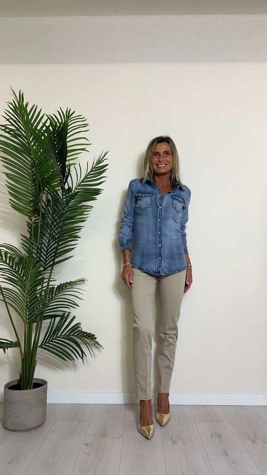 GIORGIA & JHONS - 60160SS24 - CAMICIA DENIM STRETCH, STONE WHASHED, SLIM FIT, BOTTONI MADREPELA A PRESSIONE