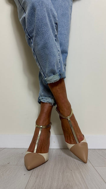 OVYE' - NCBIANCANAPP55 - T-BAR PELLE NAPPA BICOLOR, TACCO 8 CM