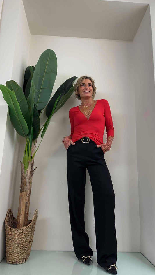 DAFNE - TN730P23 - BLUSA INSERTO RETE STRASS IN COLLO A V E POLSI