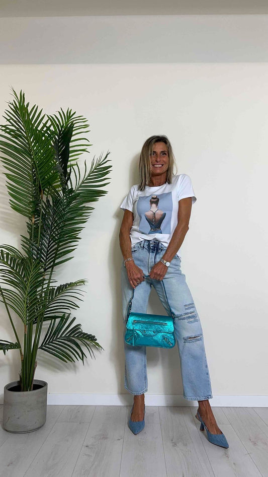 GIORGIA & JHONS - 60014SS24 - T-SHIRT COTONE STAMPATA CON COLLANA STRASS PENDENTE