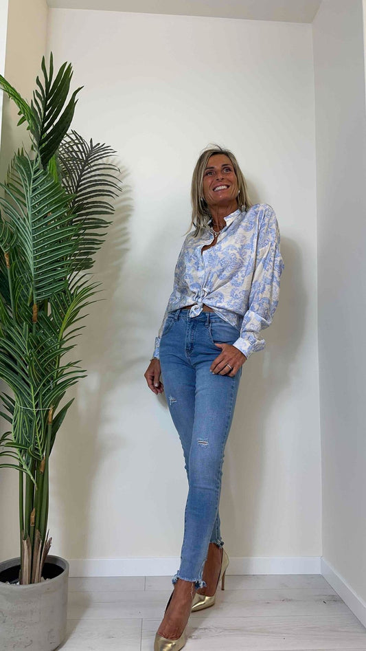 DAFNE - MCOIA022 - CAMICIA VISCOSA STROPICCIATA, COLLO COREANA,STAMPA SFUMATA