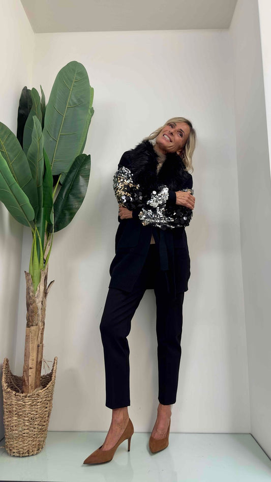 DAFNE - AZ7585P49 - CAPPOTTINO MANICA PAILLETTES COLLO ECOPELLICCIA STACCABILE