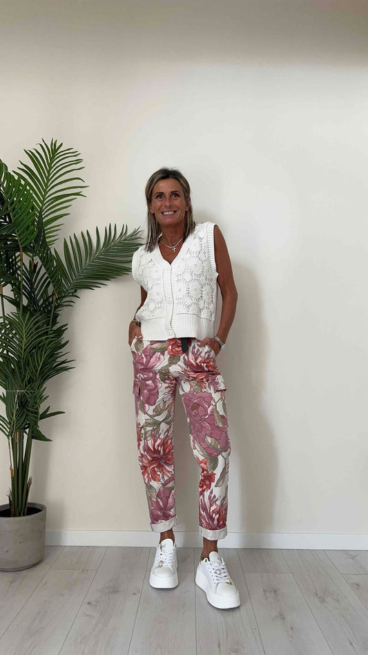 DAFNE - ZM37000P28 - GILET 100% COTONE, RICAMO PIZZO MACRAME' SOVRAPPOSTO