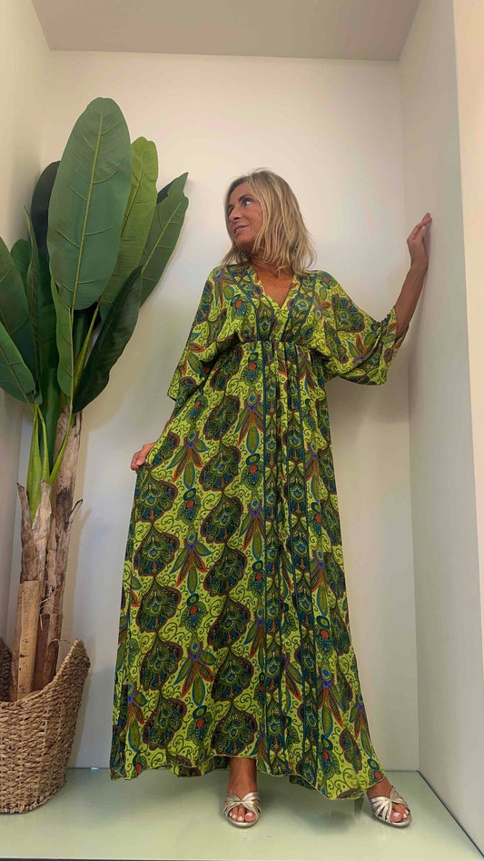 DAFNE - abse9p33 - abito lungo seta manica kimono fantasia