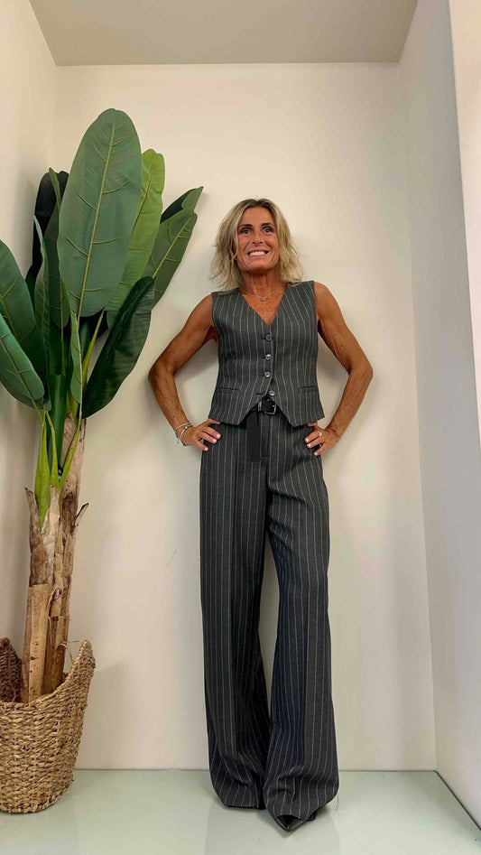 HAVEONE - PCA-K113 - PANTALONE PALAZZO GESSATO CON CINTURA ED ELASTICO DIETRO