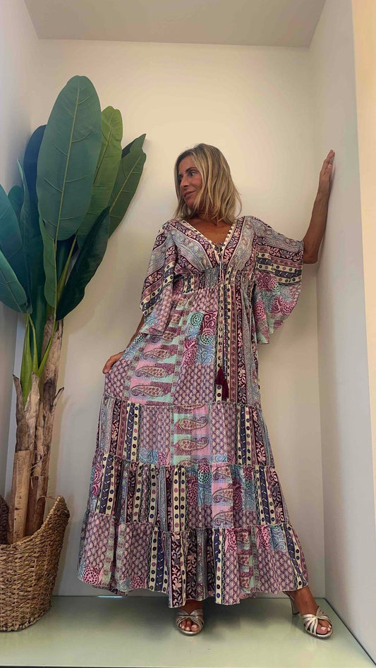 DAFNE - abse10p35 - abito lungo seta laccetti+nappine fantasia