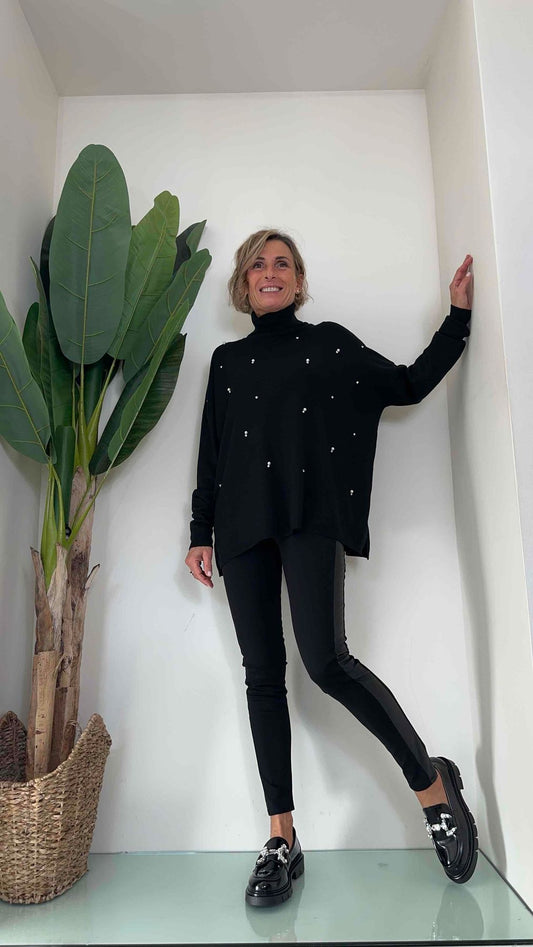 DAFNE - 815906P16 - LEGGINGS PUNTO MILANO BANDA LATERALE ECOPELLE