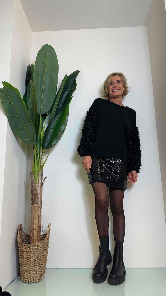 DAFNE - AL734P29 - MAGLIA VISCOSA MANICA PAILLETTES E FRAGINE ECOPELLICCIA